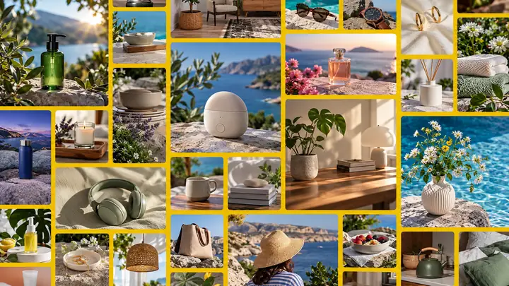Ein farbenfrohes Mosaik aus Produktfotos mit Hautpflegeprodukten, Accessoires, Wohnaccessoires und Alltagsszenen