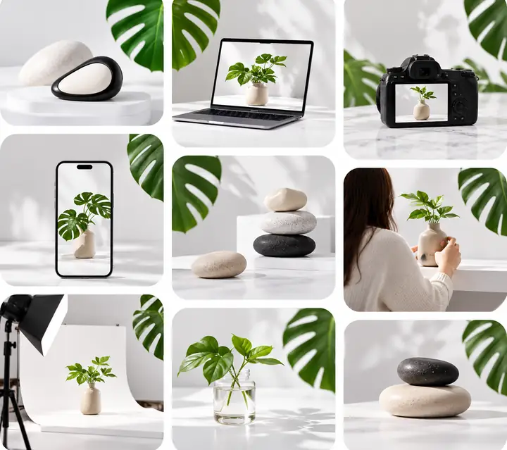 Eine Sammlung aus neun Produktfotos vor einheitlichen weißen Hintergründen mit grünen Pflanzenakzenten