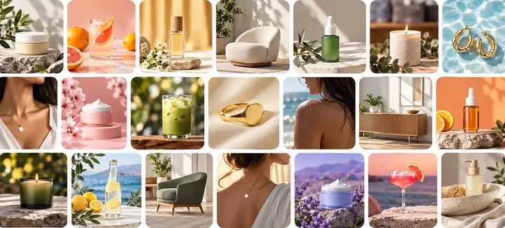 Eine breite Collage farbenfroher Produktfotos mit Hautpflegeprodukten, Schmuck, Möbeln, Kerzen und Getränken