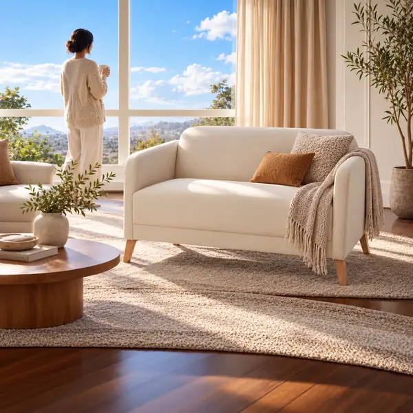 Cremefarbenes Sofa in einem hellen Innenraum mit Blick auf den Himmel