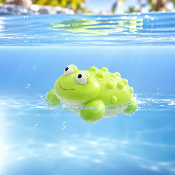 Grünes Haustierspielzeug, das in klarem blauem Wasser schwimmt