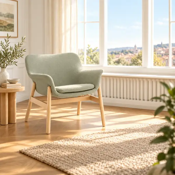 Heller Sessel neben einem sonnigen Wohnungsfenster