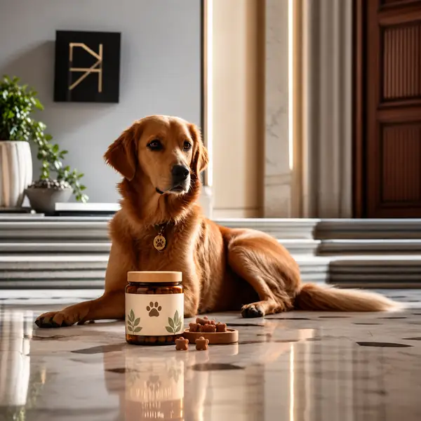 Nahrungsergänzungsmittel für Haustiere, drinnen mit einem Hund fotografiert