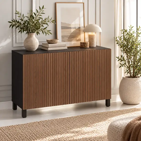 Holzschrank vor einer weiß vertäfelten Wand