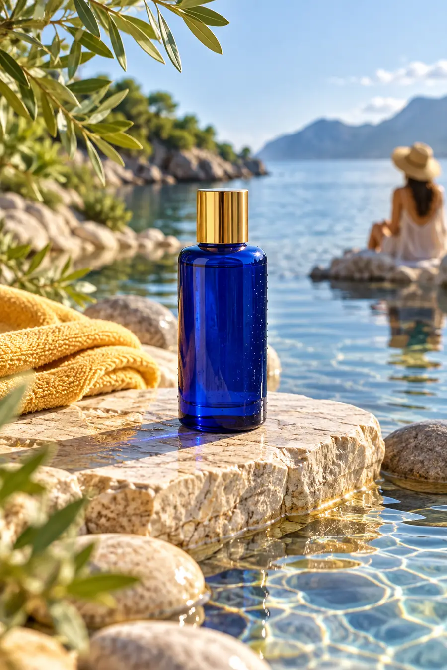 Blaues Hautpflegeprodukt in einer Umgebung am Wasser
